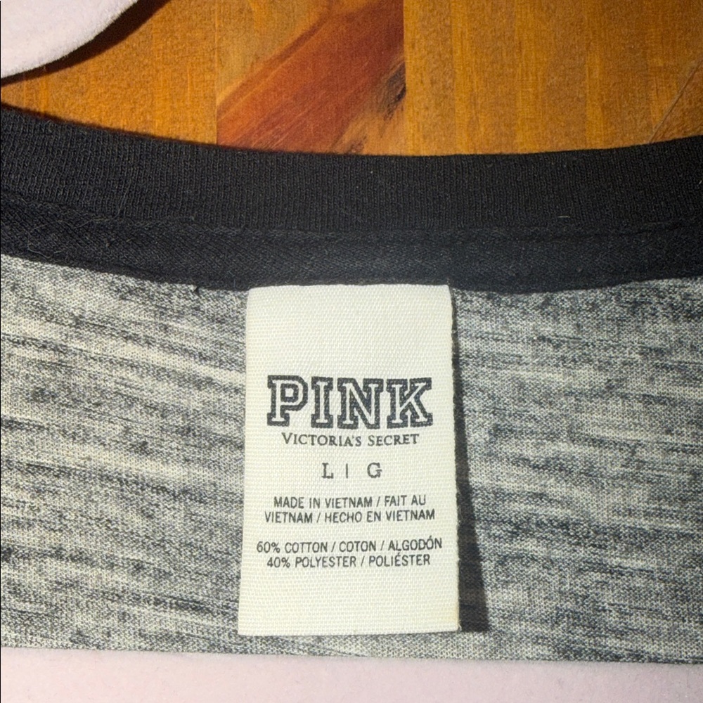PINK Victoria's Secret Gray Ringer Tee with Black Trim & Gold  Logo - Picture 3 of 5